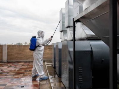 Professional cleaner disinfecting air vents at a factory during the COVID-19 pandemic wearing a protective suit